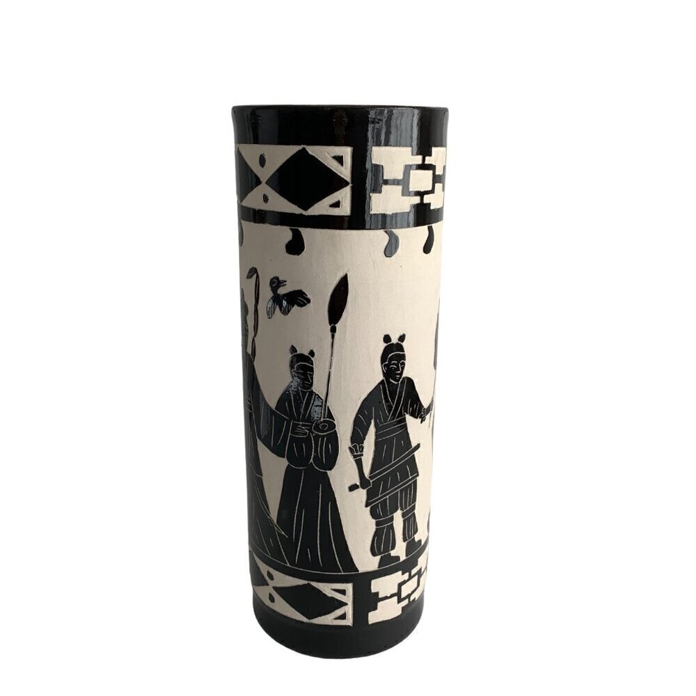Large Vintage Black White Tall Skinny Vase Horse
